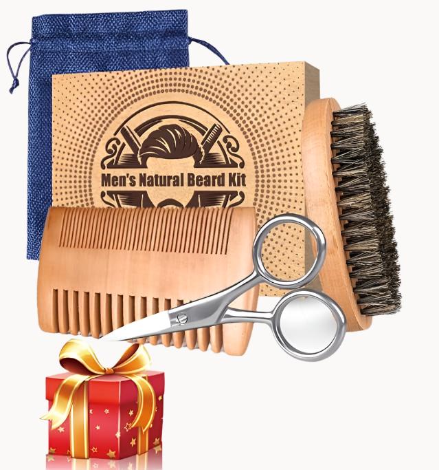 "Ultimate Grooming Kit for Men - Fathers Day Gift: Beard Brush, Mustache Comb, Scissors & Beard Bib Apron!"