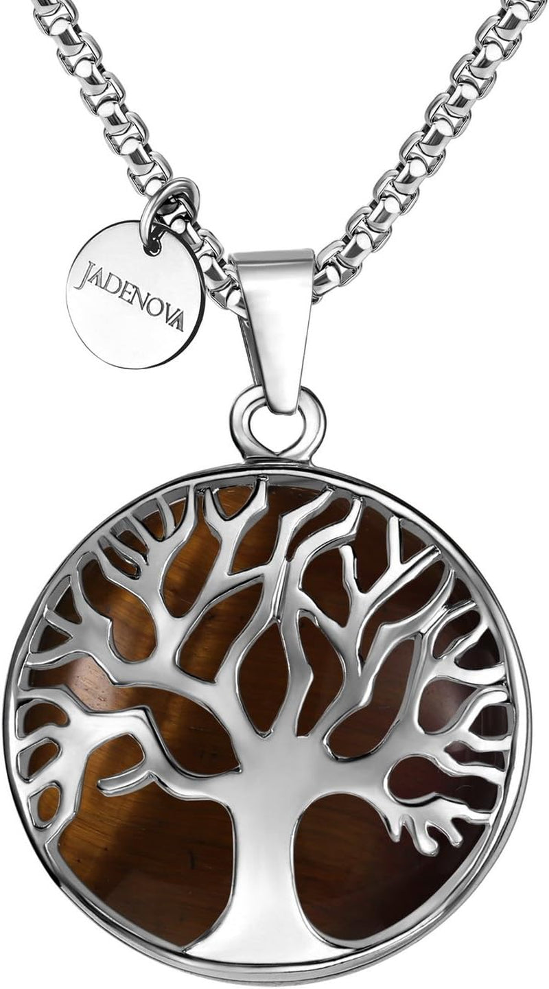 Family Tree Necklace Tree of Life Gemstone Crystal Pendant Necklace 24 Inches Stainless Steel Chain