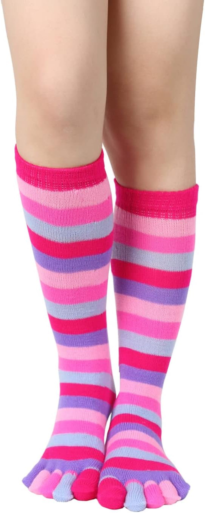 Womens Knee High Toe Socks Mens Colorful Rainbow Striped Long Toe Socks Unisex Five Finger Socks Christmas Gifts