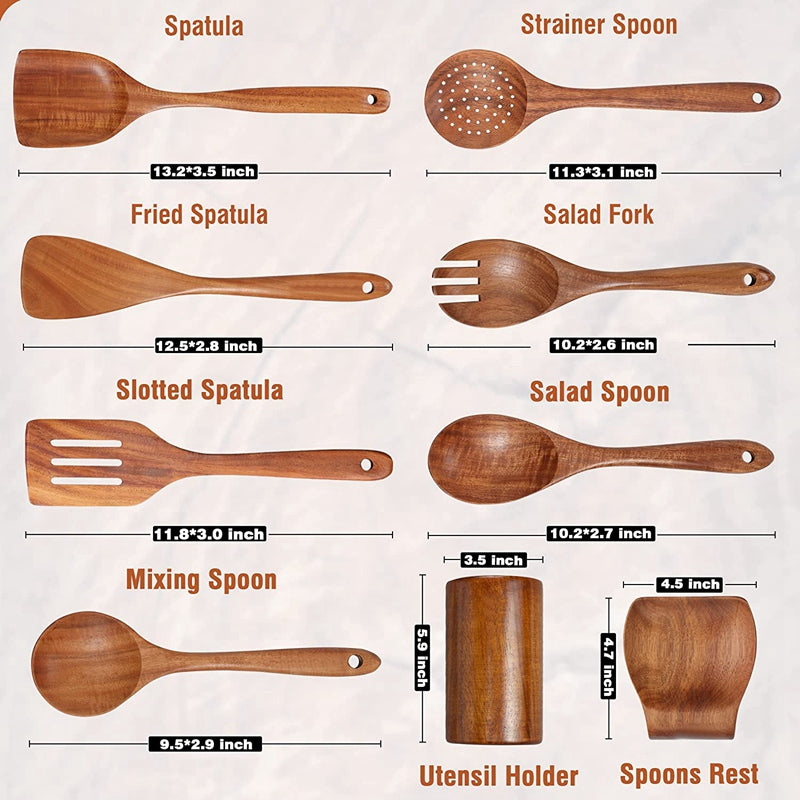 Teak Wooden Kitchen Utensils Set of 9