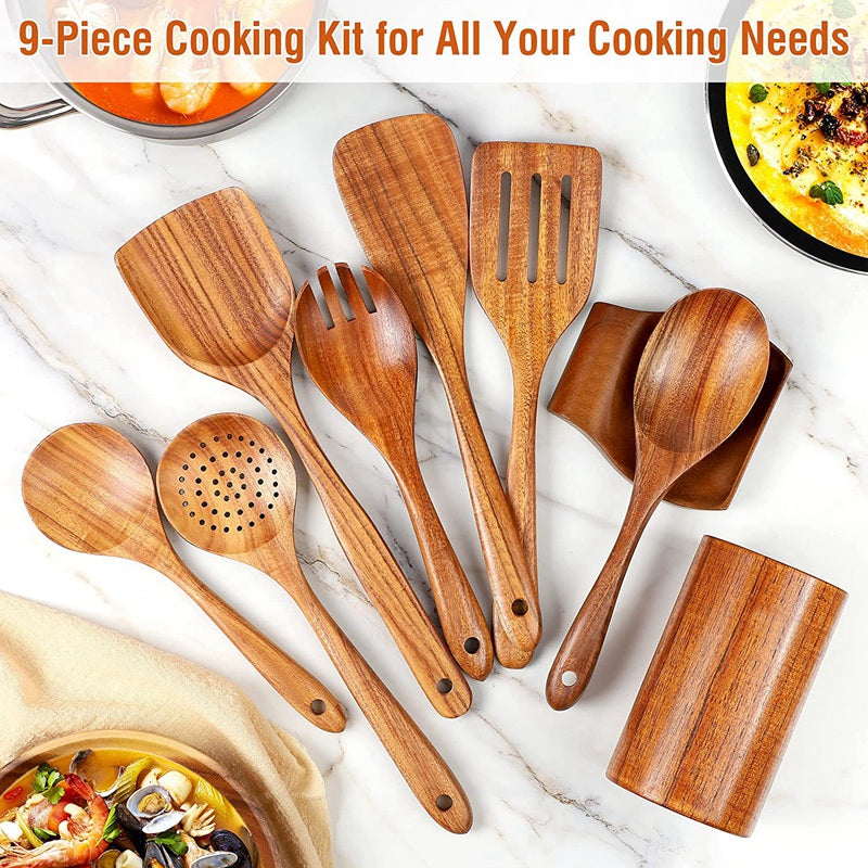 Teak Wooden Kitchen Utensils Set of 9