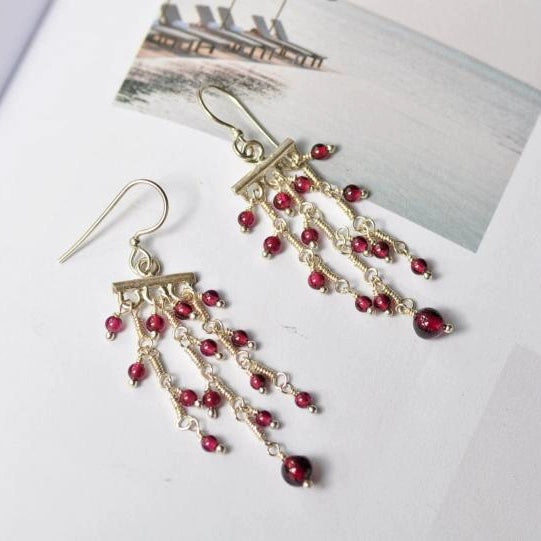 Sterling Silver Boho Long Eardrop Garnet Earrings