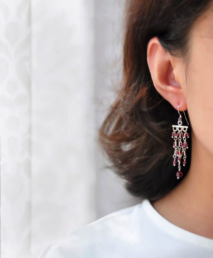 Sterling Silver Boho Long Eardrop Garnet Earrings