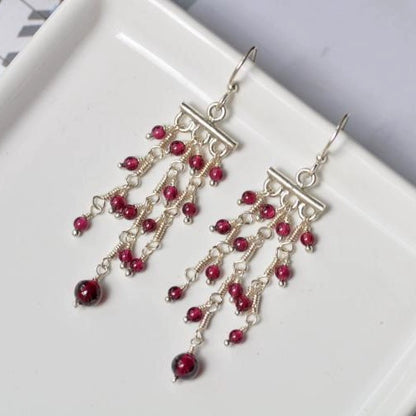 Sterling Silver Boho Long Eardrop Garnet Earrings