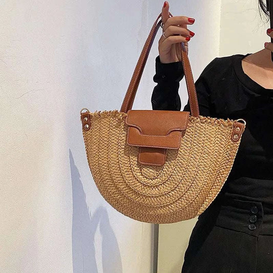 Woven Rattan Half Circle Handbag