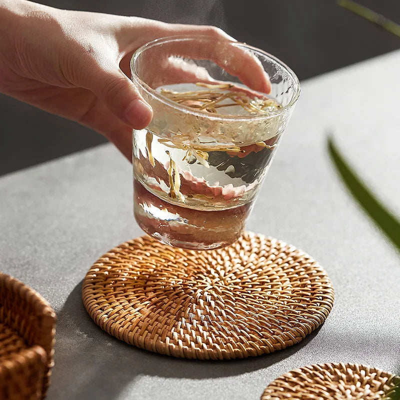 Wicker Table Coasters - 6 Pc Set with Holder