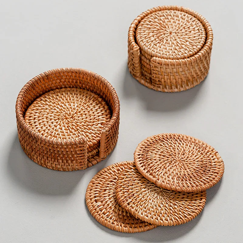 Wicker Table Coasters - 6 Pc Set with Holder