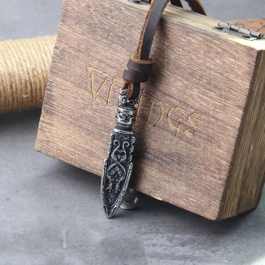 Viking Dragon Spear Pendant Leather Necklace