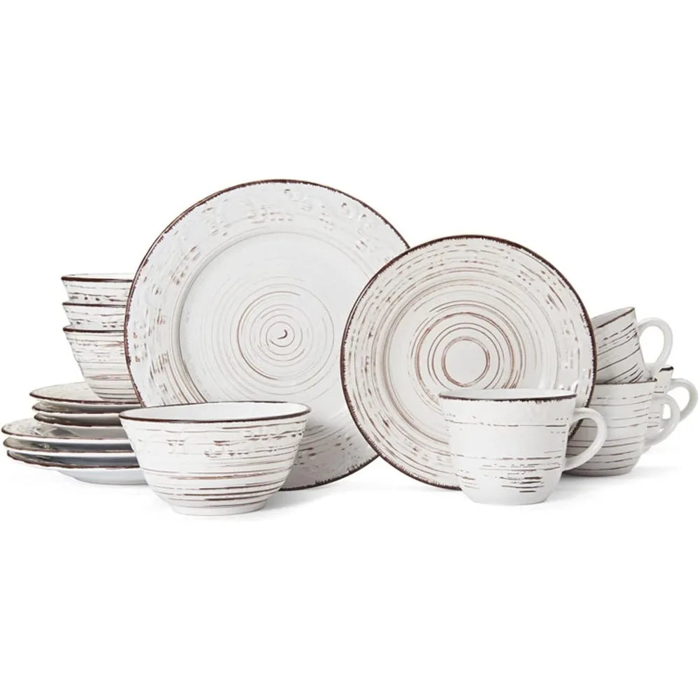 Distressed Trellis White 16-Piece Stoneware Dinnerware Set