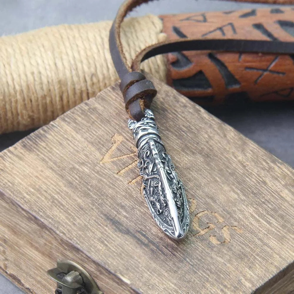 Viking Dragon Spear Pendant Leather Necklace