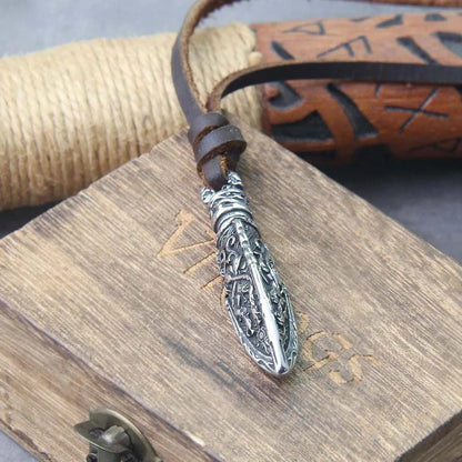 Viking Dragon Spear Pendant Leather Necklace