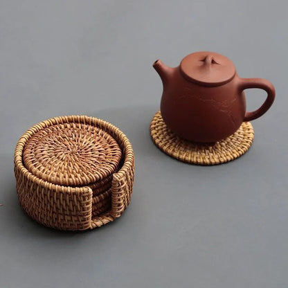 Wicker Table Coasters - 6 Pc Set with Holder