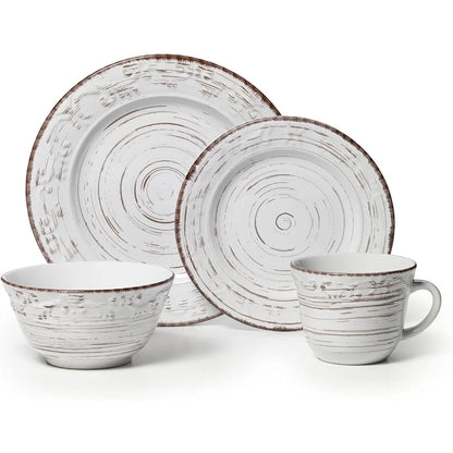 Distressed Trellis White 16-Piece Stoneware Dinnerware Set