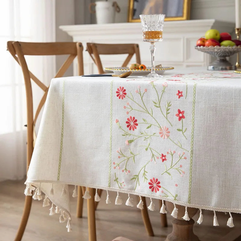 Beautifully Embroidered Linen Rectangle Tablecloths