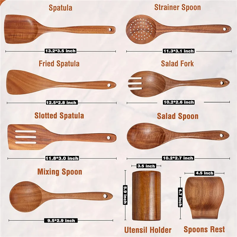 Teak Wooden Kitchen Utensils Set of 9