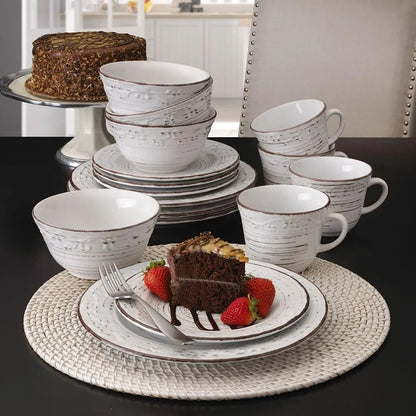 Distressed Trellis White 16-Piece Stoneware Dinnerware Set