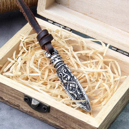 Viking Dragon Spear Pendant Leather Necklace