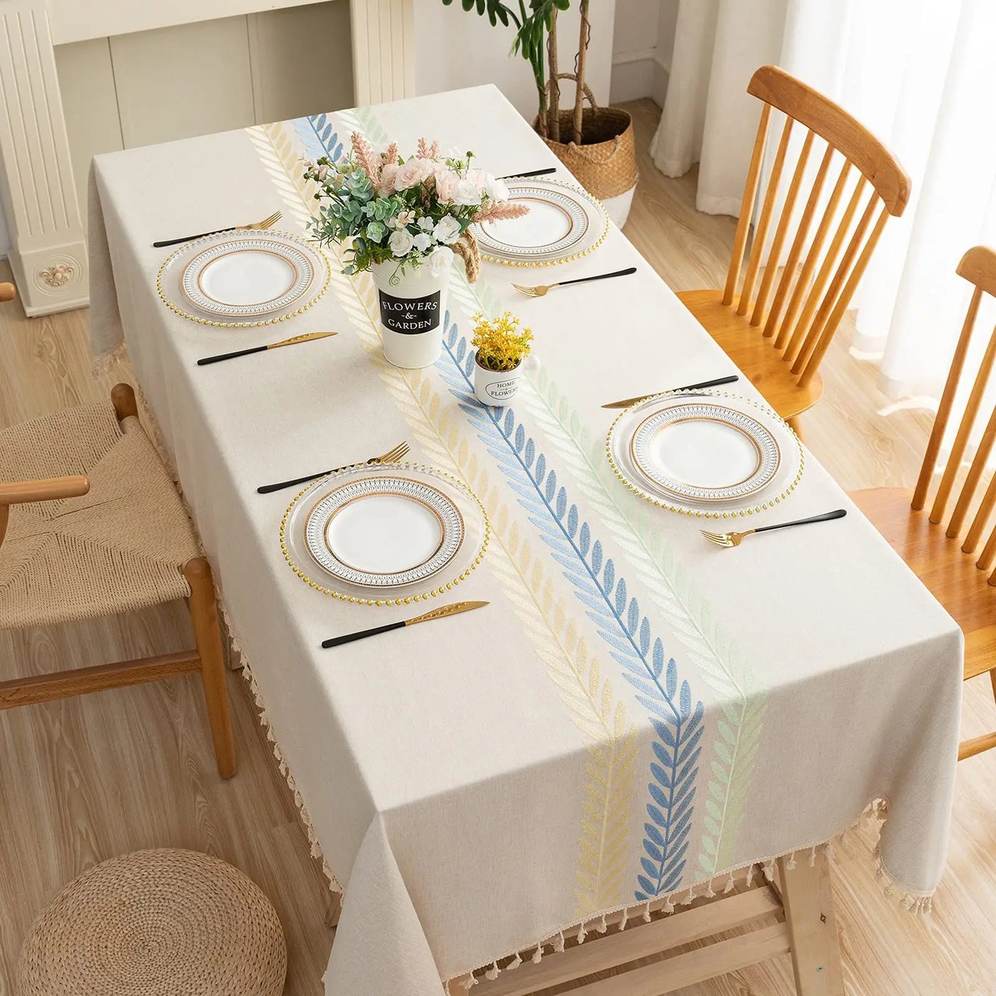 Beautifully Embroidered Linen Rectangle Tablecloths