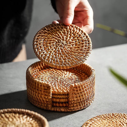 Wicker Table Coasters - 6 Pc Set with Holder