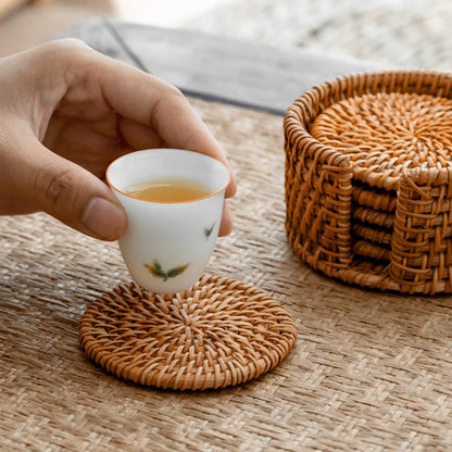 Wicker Table Coasters - 6 Pc Set with Holder