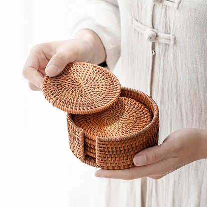 Wicker Table Coasters - 6 Pc Set with Holder