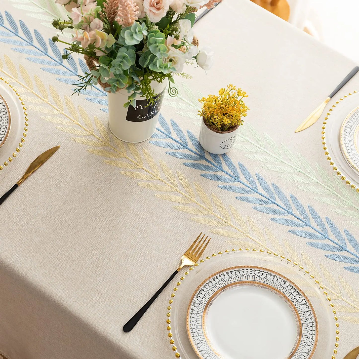 Beautifully Embroidered Linen Rectangle Tablecloths