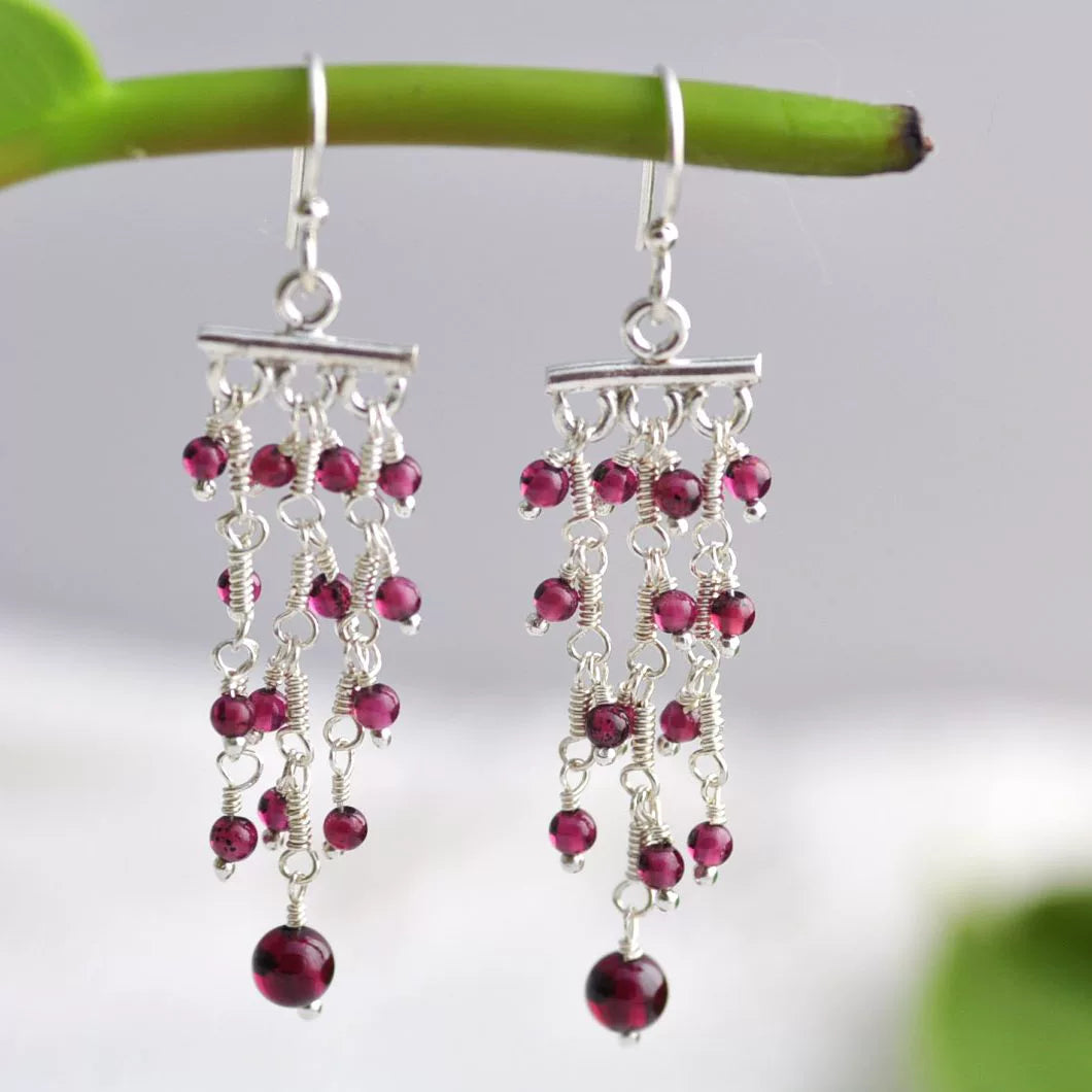 Sterling Silver Boho Long Eardrop Garnet Earrings