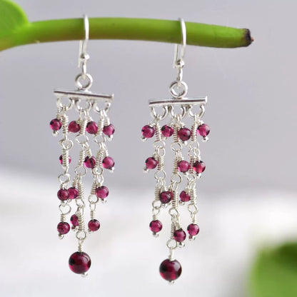 Sterling Silver Boho Long Eardrop Garnet Earrings