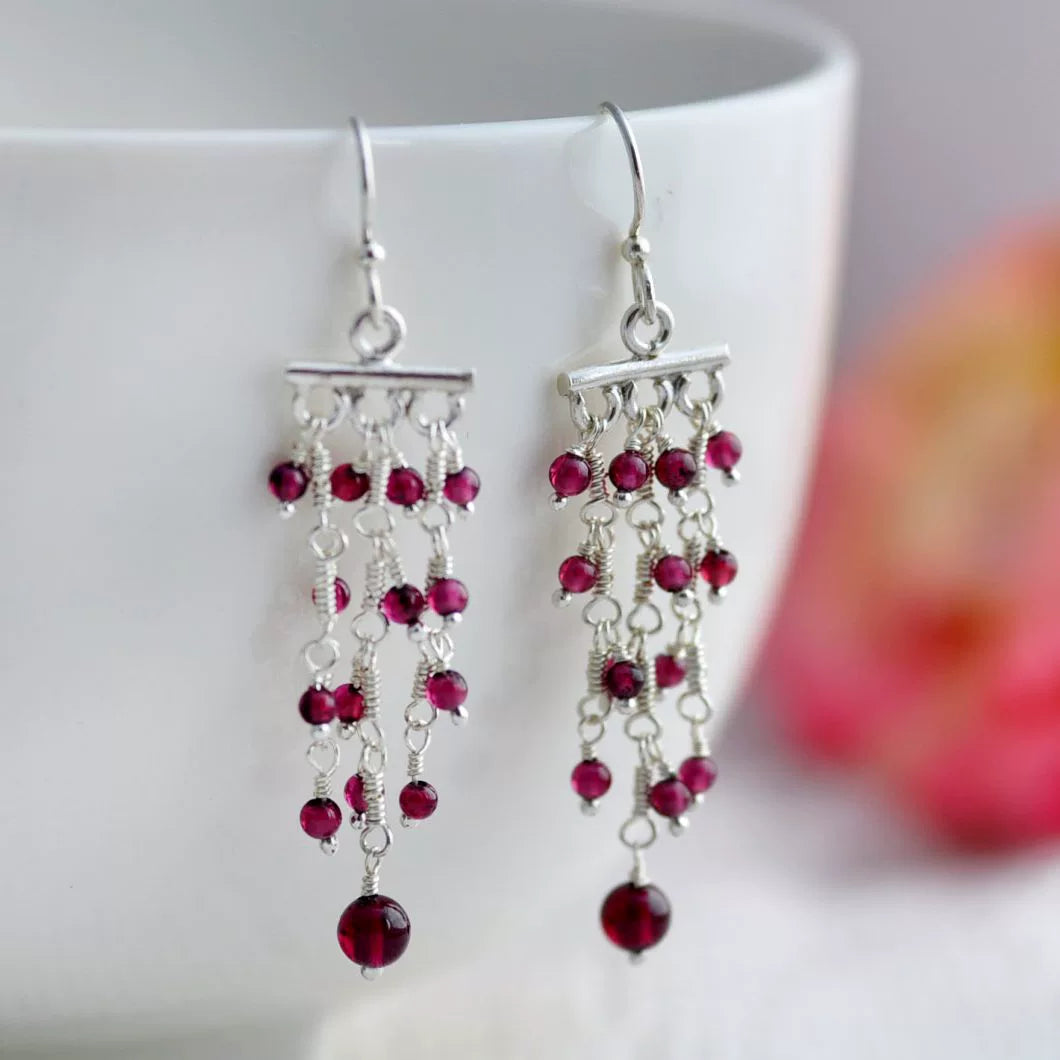 Sterling Silver Boho Long Eardrop Garnet Earrings