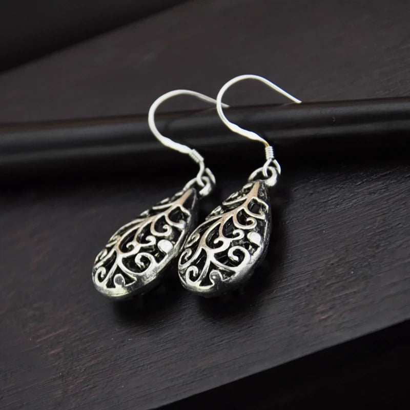 Ornate Water Drop Silver Earrings