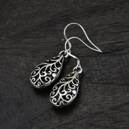 Ornate Water Drop Silver Earrings