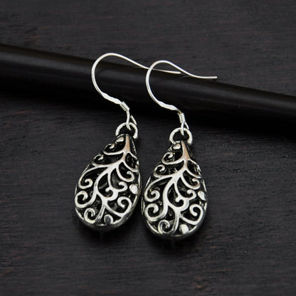 Ornate Water Drop Silver Earrings