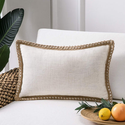 Farmhouse Solid Throw Decorative Pillow Cover Burlap Linen Trimmed Tailored Edges Outdoor Pillow off White 22 X 22 Inches, 55 X 55 Cm, Pack of 1