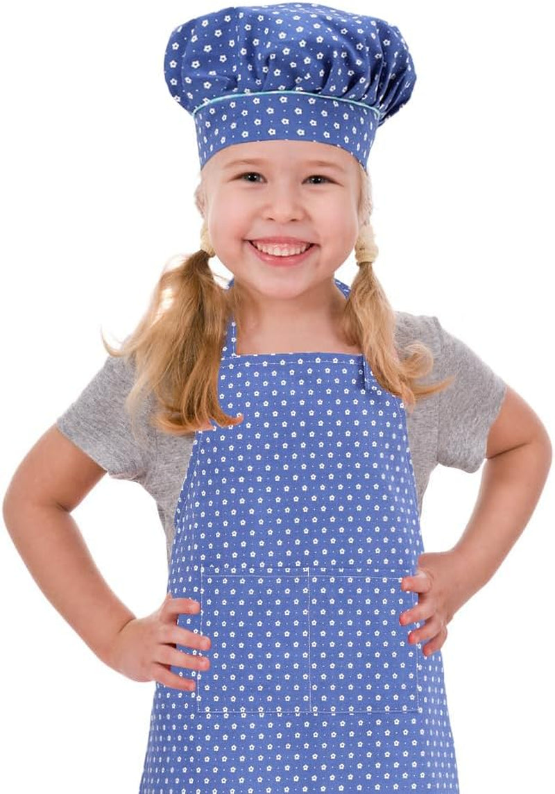 Kids Apron and Chef Hat Set, Adjustable Cotton Child Aprons with Large Pocket White Girls Boys Kitchen Bib Aprons for Cooking Baking Painting