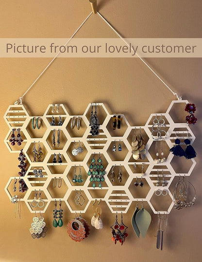 Wood Honeycomb Hanging Earring Holder Beehive Earring Organizer Wall Mounted Earring Display Hanging Jewelry Organizer for Earrings, Necklaces (White)