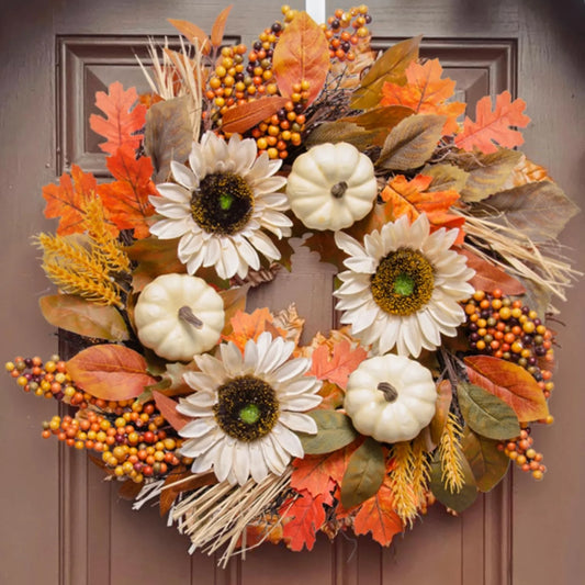 Fall Wreaths for Front Door, Door Wreath Autumn Wreath with Pumpkin Sunflower Maple, 20'' Thanksgiving Harvest Halloween Wreath, Fall Door Decor, Farmhouse Porch Decor (White Sunflower)