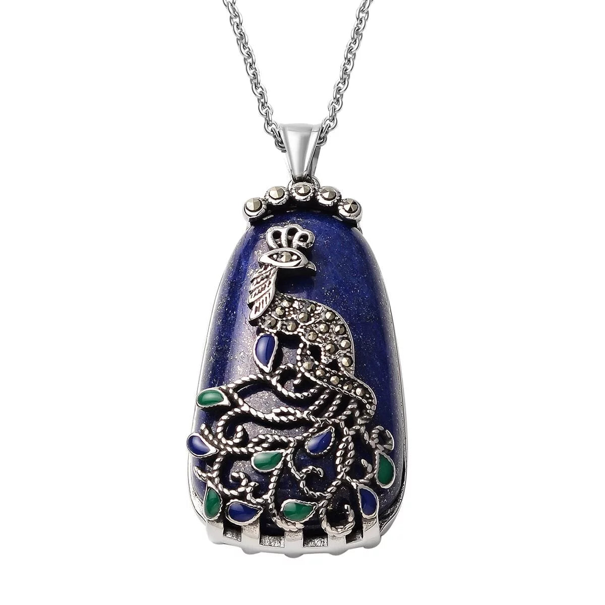 Lapis Lazuli Marcasite Peacock Chain Chakra Pendant Necklace for Women 20" Gifts