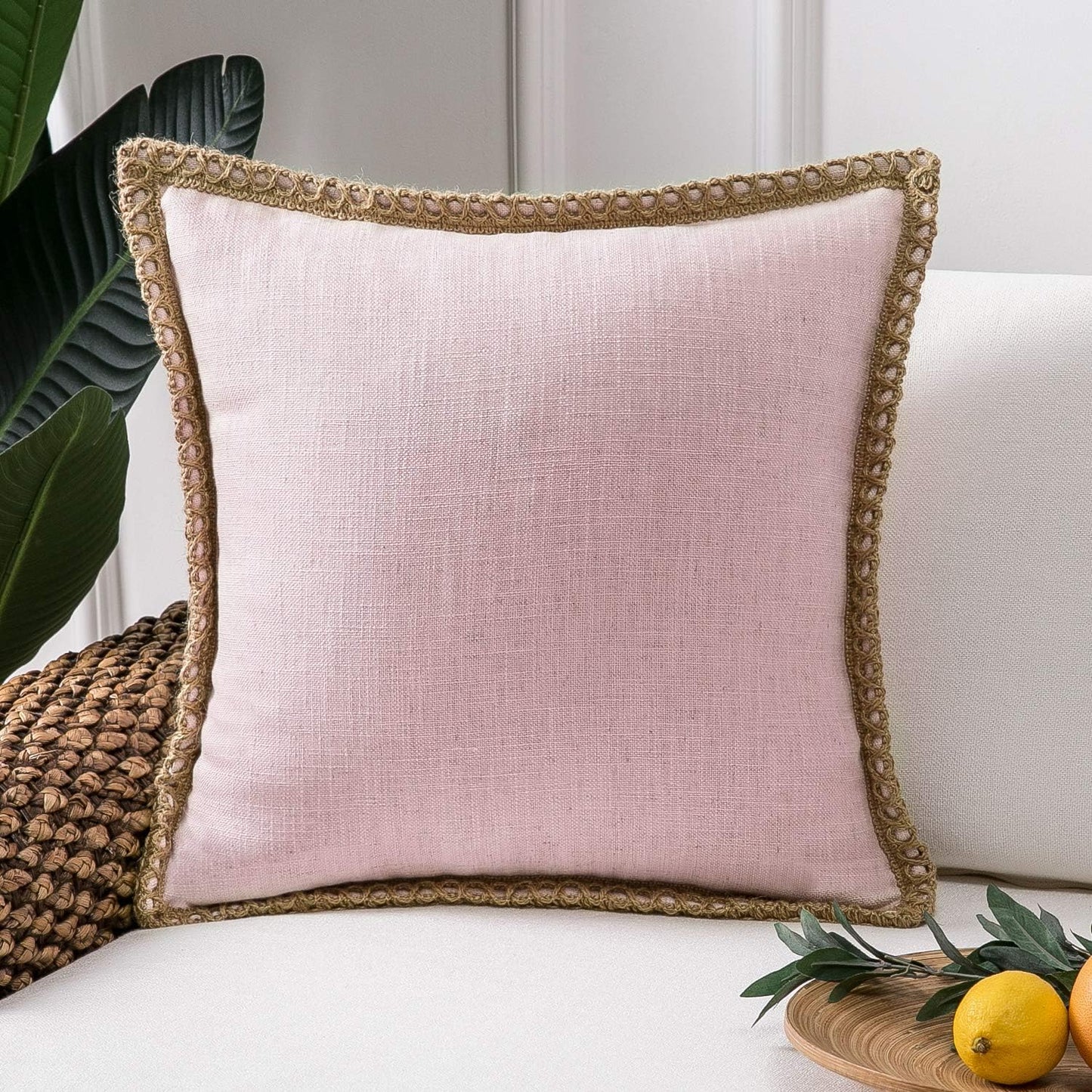 Farmhouse Solid Throw Decorative Pillow Cover Burlap Linen Trimmed Tailored Edges Outdoor Pillow off White 22 X 22 Inches, 55 X 55 Cm, Pack of 1