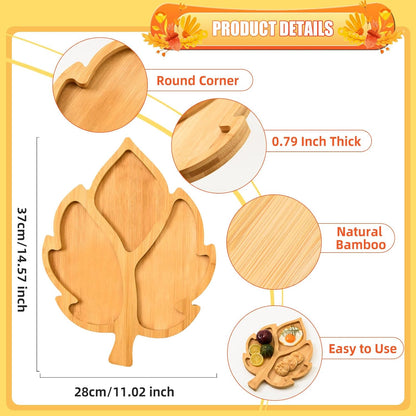 Leaf Wooden Serving Platter Thanksgiving Bamboo Serving Tray Wooden Snack Cheese Charcuterie Board Sectional Wood Fall Leaf Dish Plate for Fall Autumn Harvest Party Supplies,11.02X14.56X0.79