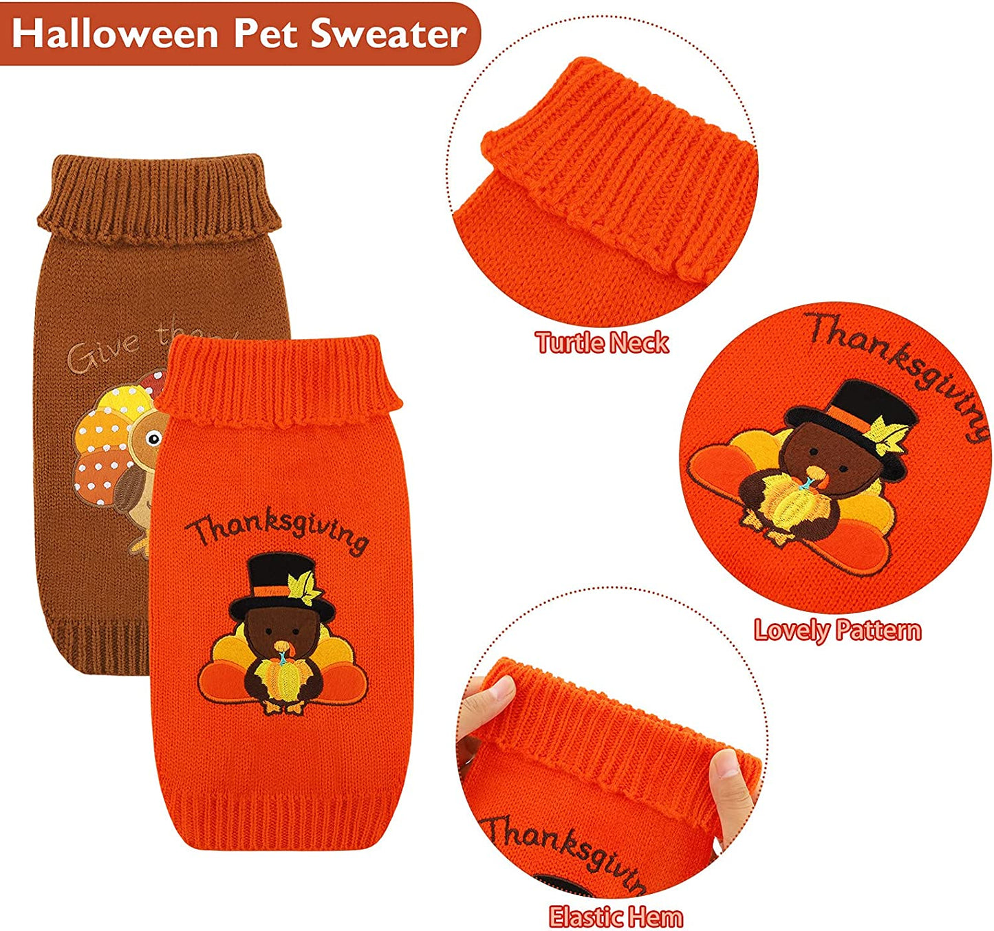 2 Pack Thanksgiving Dog Sweaters Turkey Puppy Dog Clothes Pet Warm Knitwear for Thanksgiving, Holiday, Party Gift, Orange, Brown