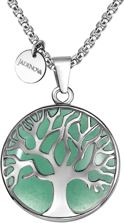 Family Tree Necklace Tree of Life Gemstone Crystal Pendant Necklace 24 Inches Stainless Steel Chain