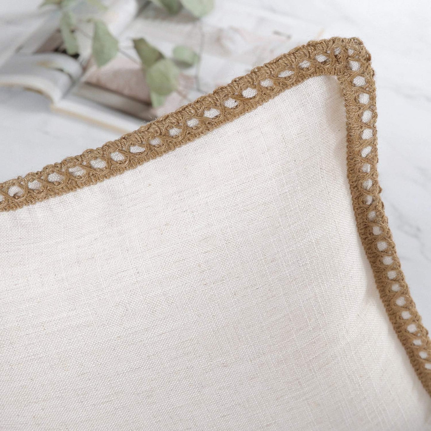 Farmhouse Solid Throw Decorative Pillow Cover Burlap Linen Trimmed Tailored Edges Outdoor Pillow off White 22 X 22 Inches, 55 X 55 Cm, Pack of 1