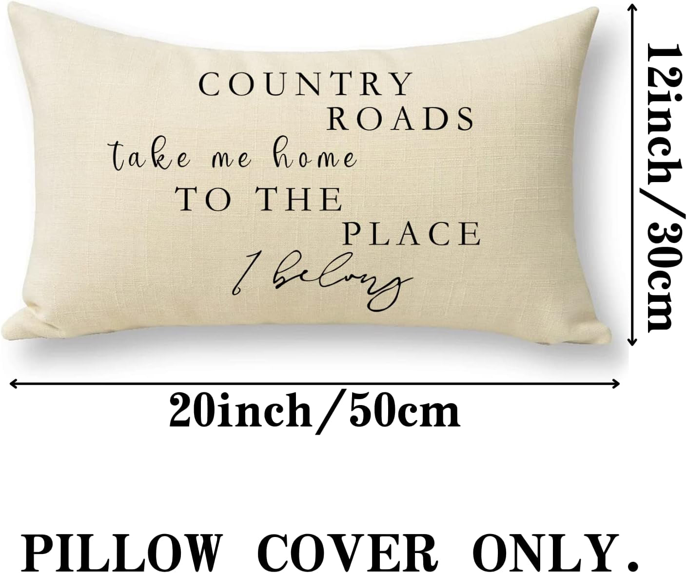 Lumbar Country Roads Take Me Home Christmas Rectangle Decorative Throw Pillow Cover, Rustic Quote Home Farmhouse Decoration, Housewarming Gift Cushion Case for Sofa Decor Cotton Linen 12 X 20