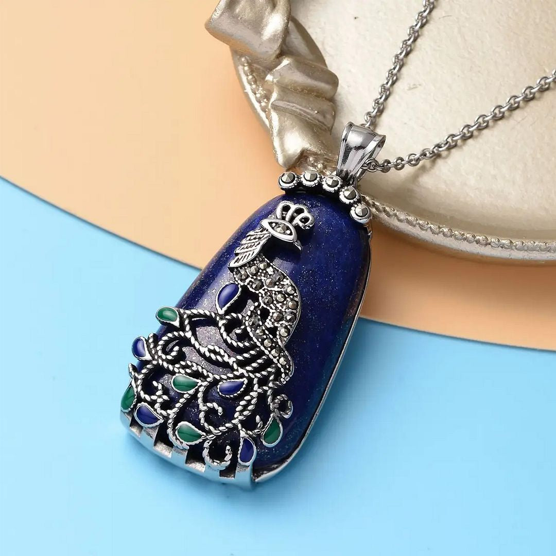 Lapis Lazuli Marcasite Peacock Chain Chakra Pendant Necklace for Women 20" Gifts