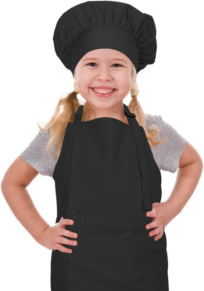 Kids Apron and Chef Hat Set, Adjustable Cotton Child Aprons with Large Pocket White Girls Boys Kitchen Bib Aprons for Cooking Baking Painting