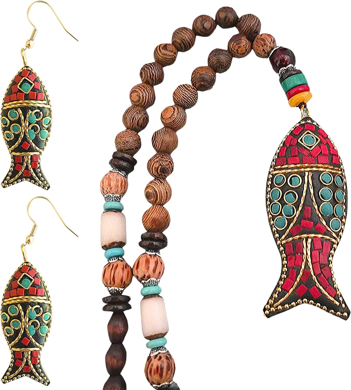 Bohemian Beaded Necklace for Women Long Boho Pendant Wood Mala Beads Wooden Strand Tassel Stone Bohemian Necklaces for Women Jewelry