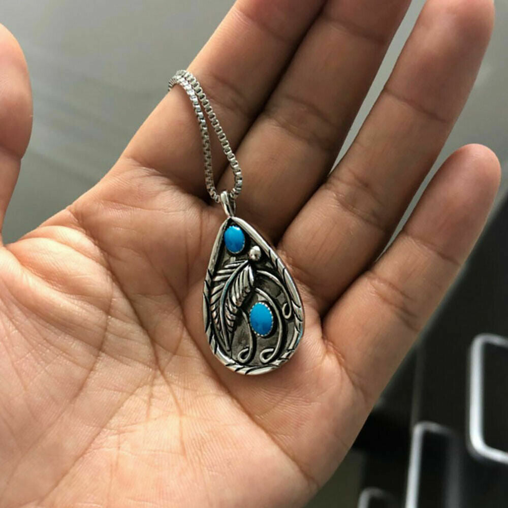 Tibetan Silver Plated Blue Turquoise Chain Crystal Pendant Necklace Lab-Created