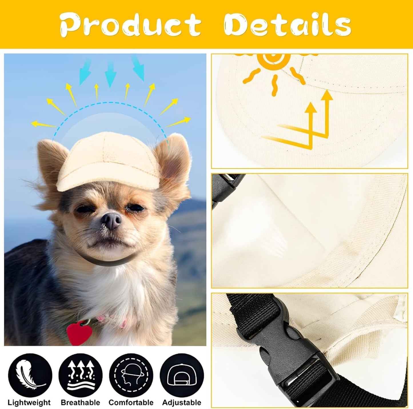 Dog Hat Asummer Dog Baseball Cap Pet Puppy Visor Hats Sunbonnet Outfit with Ear Holes Doggy Cat Goggles for Small Medium Breed (Beige Hat, Small)