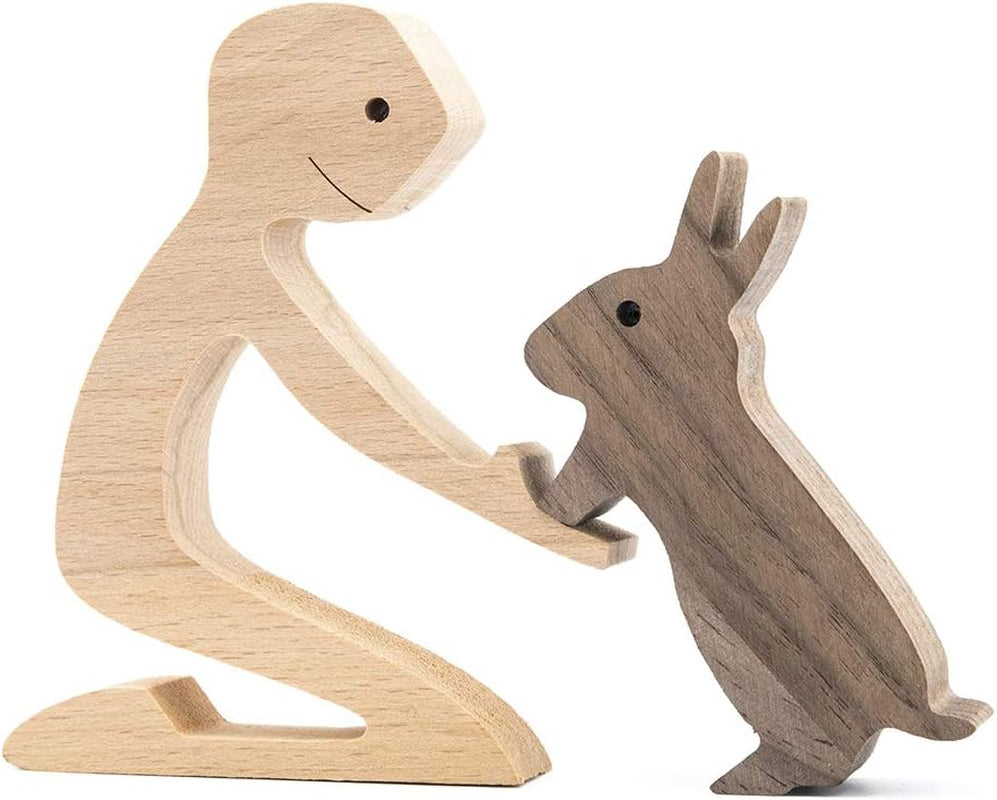 Wood Decor Sculptures, Figurine for Home Decor Handmade Accents, Carved Creative Bunny Sculptures Collection, Gift for Child Girl Natural ECO Friendly (Girl+Bunny)