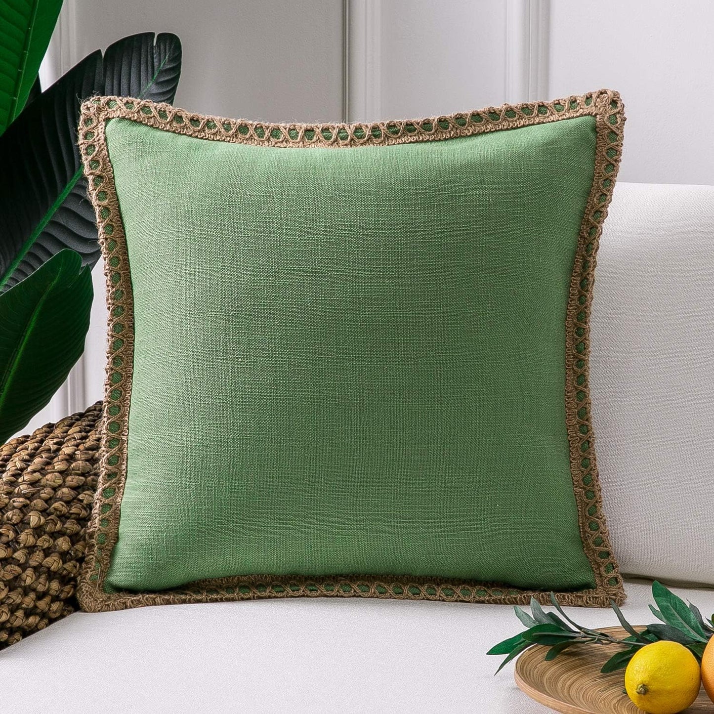 Farmhouse Solid Throw Decorative Pillow Cover Burlap Linen Trimmed Tailored Edges Outdoor Pillow off White 22 X 22 Inches, 55 X 55 Cm, Pack of 1